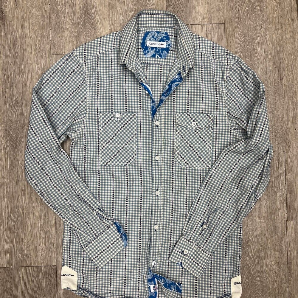 John Lennon white and blue gingham button-up shirt
